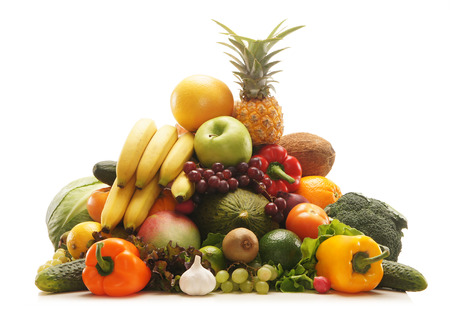 Pile of fresh and tasty fruits and vegetables isolated on whiteの写真素材