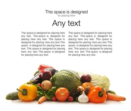 Pile of different fruits and vegetables isolated on white (there is some blank space to place any text)の写真素材