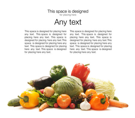 Pile of different fruits and vegetables isolated on white (there is some blank space to place any text)の写真素材
