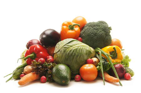 Pile of fresh and tasty fruits and vegetables isolated on whiteの写真素材