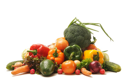 Pile of fresh and tasty fruits and vegetables isolated on whiteの写真素材