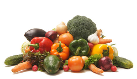 Pile of fresh and tasty fruits and vegetables isolated on whiteの写真素材