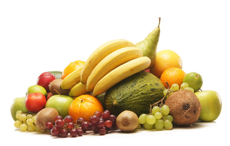 Pile of fresh and tasty fruits and vegetables isolated on whiteの写真素材