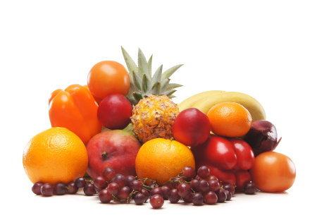 Pile of fresh and tasty fruits and vegetables isolated on whiteの写真素材