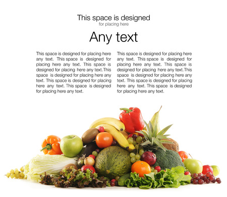 Pile of different fruits and vegetables isolated on white (there is some blank space to place any text)の写真素材