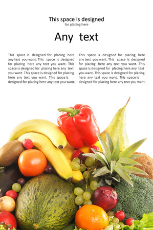 Pile of fresh and tasty fruits and vegetables isolated on whiteの写真素材