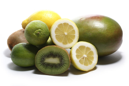 Lemom lime kiwi mango isolated on white backgroundの写真素材