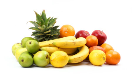 Set of different bright tasty fruits isolated on whiteの写真素材