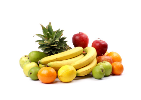 Set of different bright tasty fruits isolated on whiteの写真素材