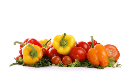 Fresh tasty vegetables isolated on whiteの写真素材