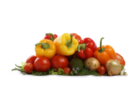 Fresh tasty vegetables isolated on whiteの写真素材