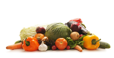 Pile of fresh and tasty fruits and vegetables isolated on whiteの写真素材