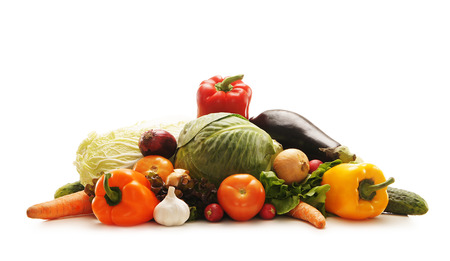Pile of fresh and tasty fruits and vegetables isolated on whiteの写真素材