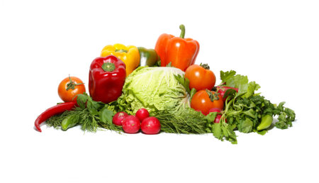 Different fresh tasty vegetables isolated on white backgroundの写真素材
