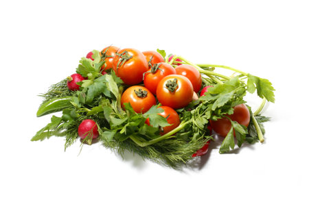 Different fresh tasty vegetables isolated on white backgroundの写真素材