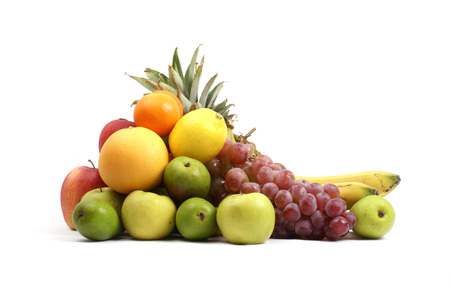 3 sets of bright tasty fruits isolated on whiteの写真素材