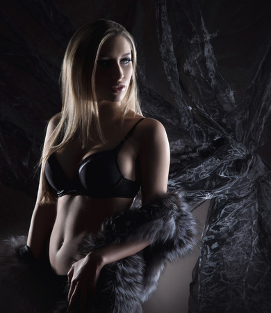 Young sexy woman in lingerie posing over vintage backgroundの写真素材