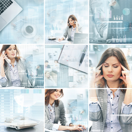 Businesswoman working in office over the modern abstract background. Collage made of different pictures.の写真素材