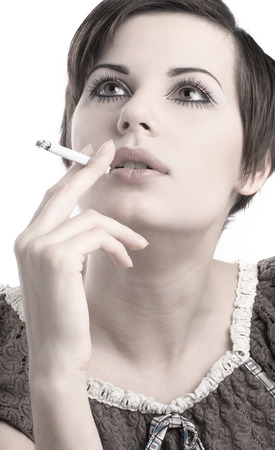 Attractive retro woman over white backgroundの写真素材