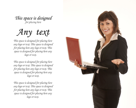 Attractive businesswoman with notebook isolated on whiteの写真素材