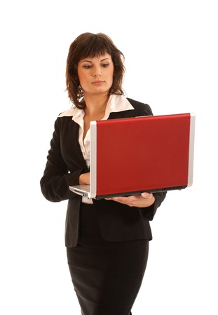 Attractive businesswoman with notebook isolated on whiteの写真素材