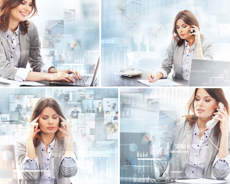 Business woman working in office over the modern abstract backgroundの写真素材