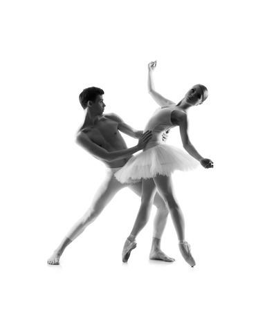 Couple of ballet dancers isolated on white. Black and whiteの写真素材