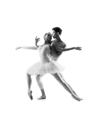 Couple of ballet dancers isolated on white. Black and whiteの写真素材