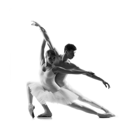 Couple of ballet dancers isolated on white. Black and whiteの写真素材