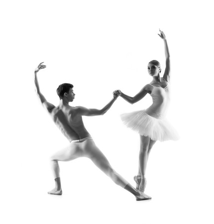Couple of ballet dancers isolated on white. Black and whiteの写真素材