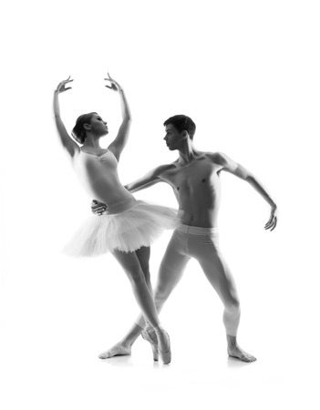 Couple of ballet dancers isolated on white. Black and whiteの写真素材