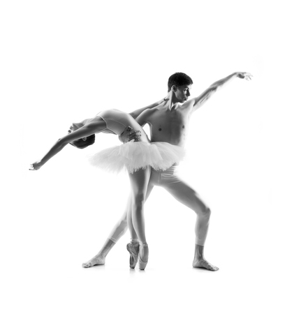Couple of ballet dancers isolated on white. Black and whiteの写真素材