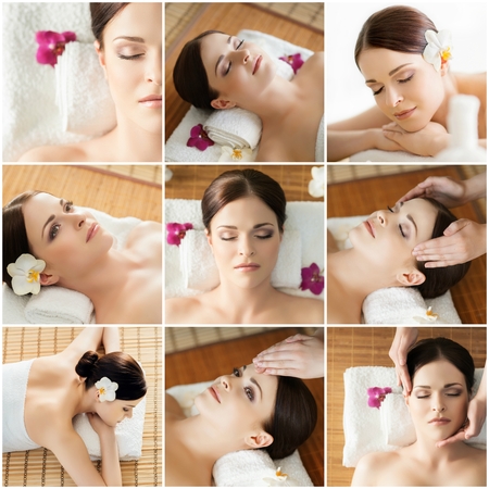 Collection of photos with women having different types of massage. spa, wellness, health care and aroma therapy collage.の写真素材