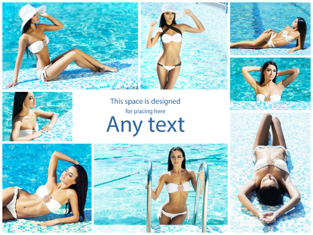 Attractive, sporty, smiling girl with sexy body. Woman in swimsuit near swimming pool. Collection collage. Holiday, vacation,summer, beauty concept.の写真素材