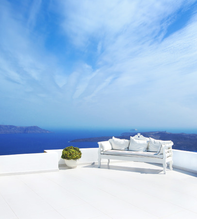 Wedding decoration on Santorini island. Beautiful sky and horizon.の写真素材