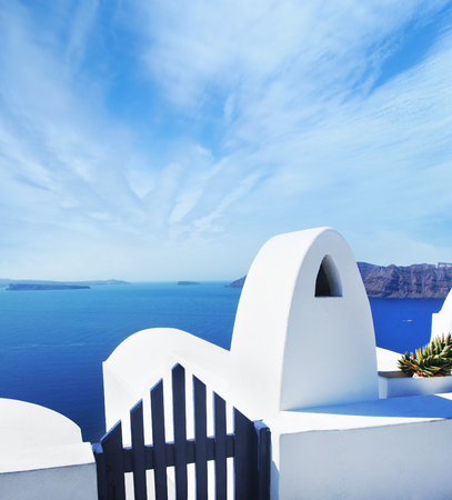 Terrace on Santorin island with a view on azure Mediterranean sea. Beautiful sky and horizon.の写真素材
