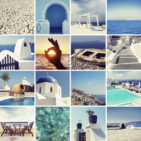 Collage of different Santorini photos. Resting and traveling on a Greece islands concept.の写真素材
