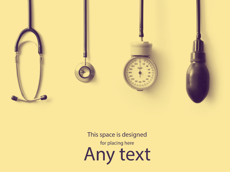 Stethoscope and other medical elements. Blank space for any text.の写真素材