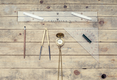 Navigation still-life. Skipper equipment, compass, ruler and protractor. Sailing concept.の写真素材