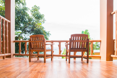 Two chair on the balcony. Spectacular view. Haad Yao, Phangan, Thailand.の写真素材