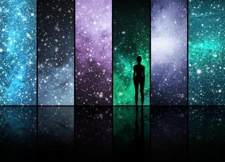 Universe, stars, constellations, planets and a human or an alien shape. Space backgrounds abstract collection.の写真素材