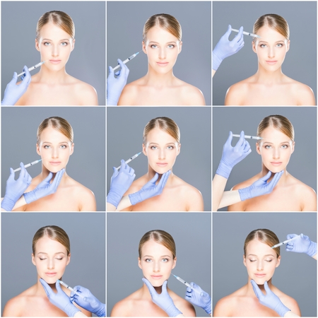 Doctor injecting in a beautiful face of a young woman. Plastic surgery concept. Set collage.の写真素材
