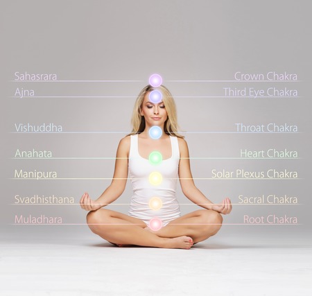Woman meditating in lotus position. Colored chakra lights over her body. Yoga, zen, Buddhism, recovery and wellbeing concept.の写真素材
