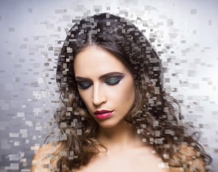 Portrait of young and healthy woman. Fresh and beautiful girl over digital background. Health care, Plastic surgery, makeup, beauty medicine, face lifting, cosmetics concept).の写真素材