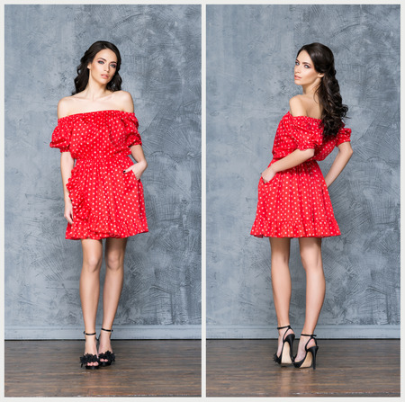 Young and beautiful woman in fashion dress. Lookbook set.の写真素材