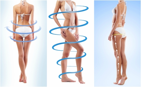 Sporty and beautiful female body with the arrows (healthy eating, vitamins and nutrition collection)の写真素材
