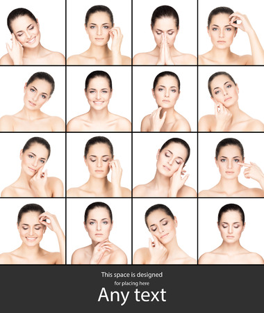 Set of photos with cute, healthy brunette over isolated background with copy space.の写真素材