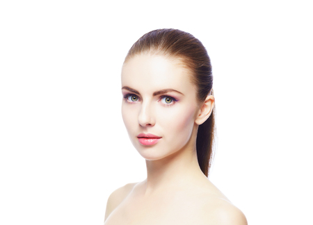 Beauty close-up portrait of beautiful, fresh and healthy girl. Human face isolated on white.の写真素材