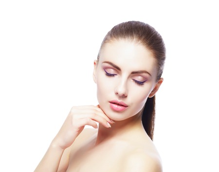 Beauty close-up portrait of beautiful, fresh and healthy girl. Human face isolated on white.の写真素材