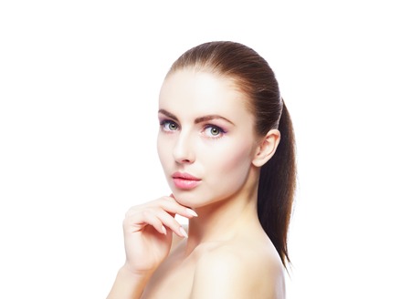 Beauty close-up portrait of beautiful, fresh and healthy girl. Human face isolated on white.の写真素材
